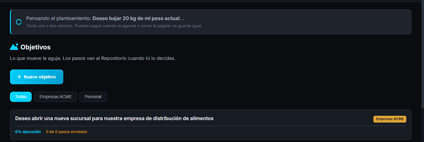 Captura de Grifflo mostrando un objetivo desglosado en actividades de mínimo esfuerzo