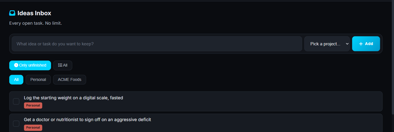 Screenshot of Grifflo showing the list of loose tasks and ideas before deciding what to do with them