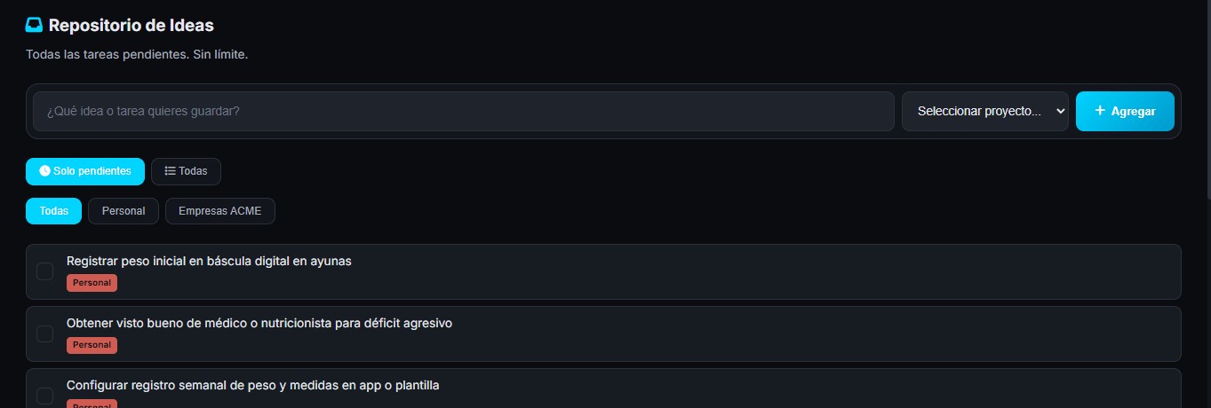 Captura de Grifflo mostrando la lista de tareas e ideas sueltas antes de decidir qué hacer con ellas