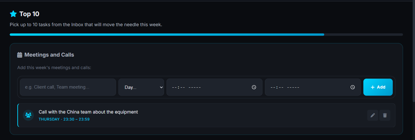 Screenshot of Grifflo showing the week's Top 10 list of tasks that move the needle